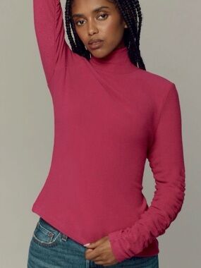 Anthropologie Pink Mock Neck Top Size M Ruched Sleeve Lightweight Sweater